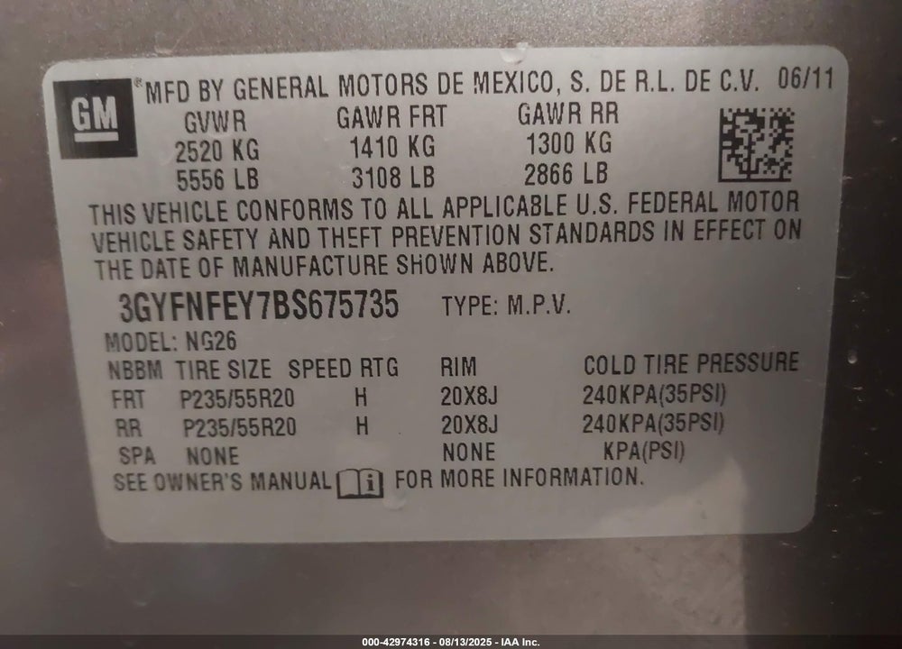 2011 CADILLAC SRX VIN: 3GYFNFEY7BS675735