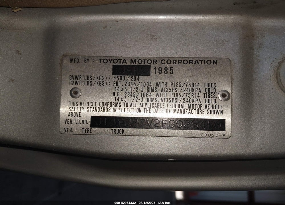 1985 TOYOTA VAN WAGON CARGO VIN: JT4YR27V2F0025450