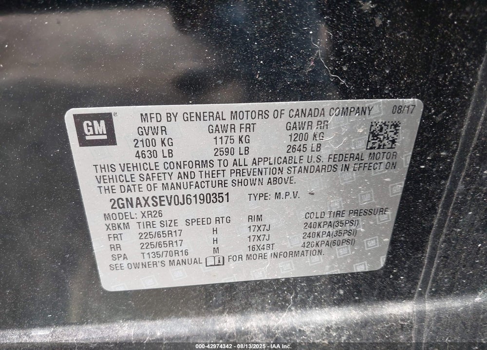 2018 CHEVROLET EQUINOX LT VIN: 2GNAXSEV0J6190351