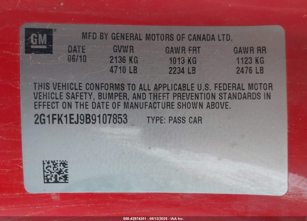 2011 CHEVROLET CAMARO VIN: 2G1FK1EJ9B9107853