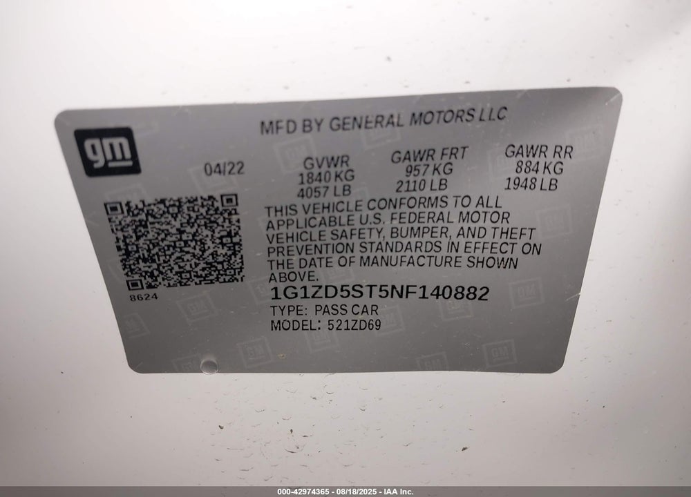 2022 CHEVROLET MALIBU VIN: 1G1ZD5ST5NF140882