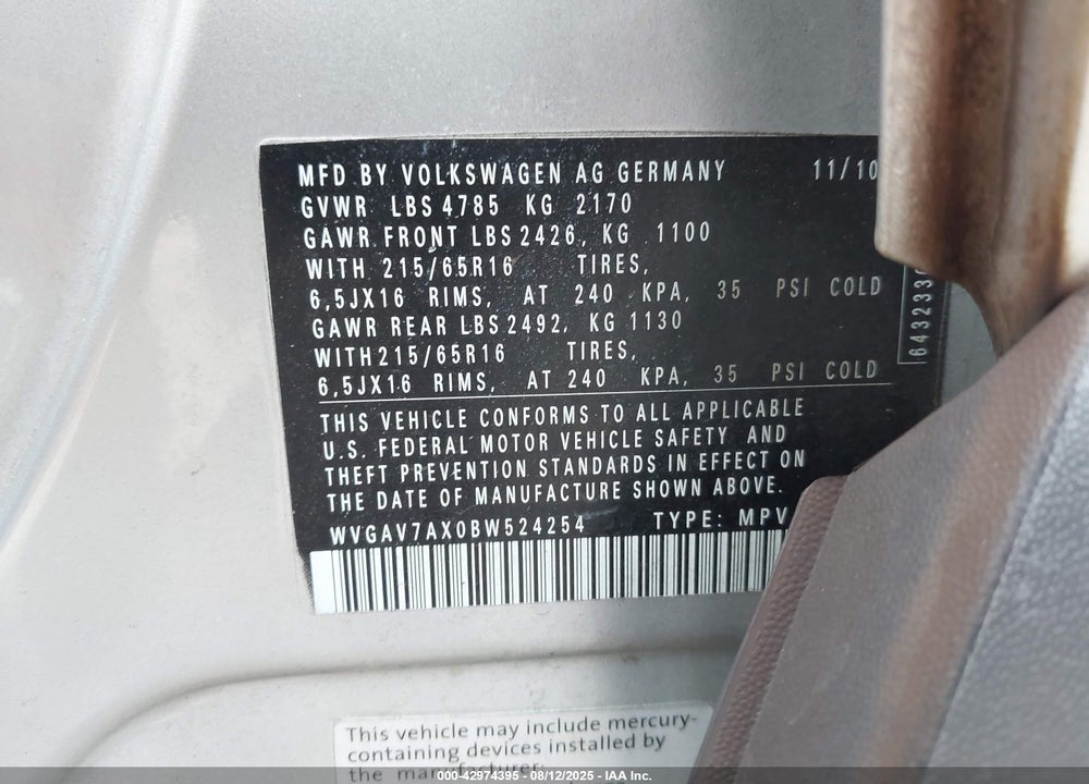 2011 VOLKSWAGEN TIGUAN VIN: WVGAV7AX0BW524254