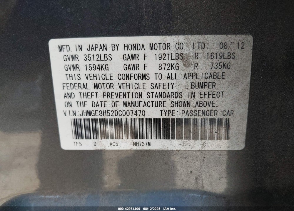 2013 HONDA FIT VIN: JHMGE8H52DC007470