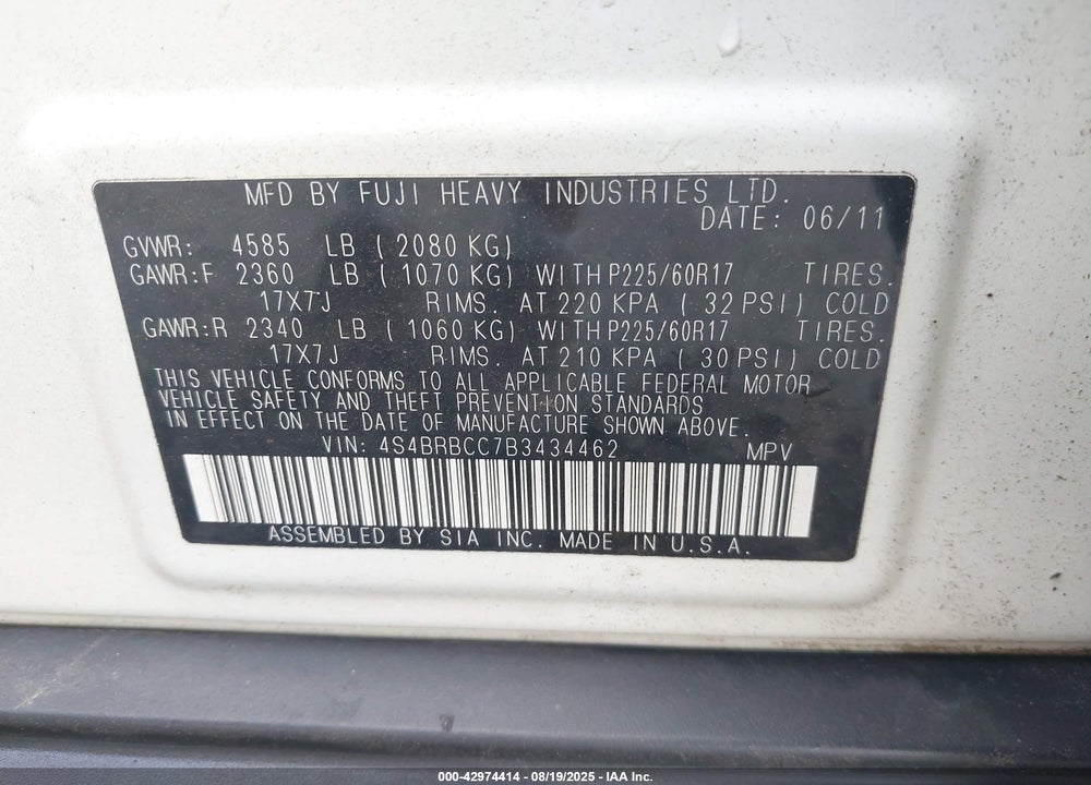 2011 SUBARU OUTBACK VIN: 4S4BRBCC7B3434462