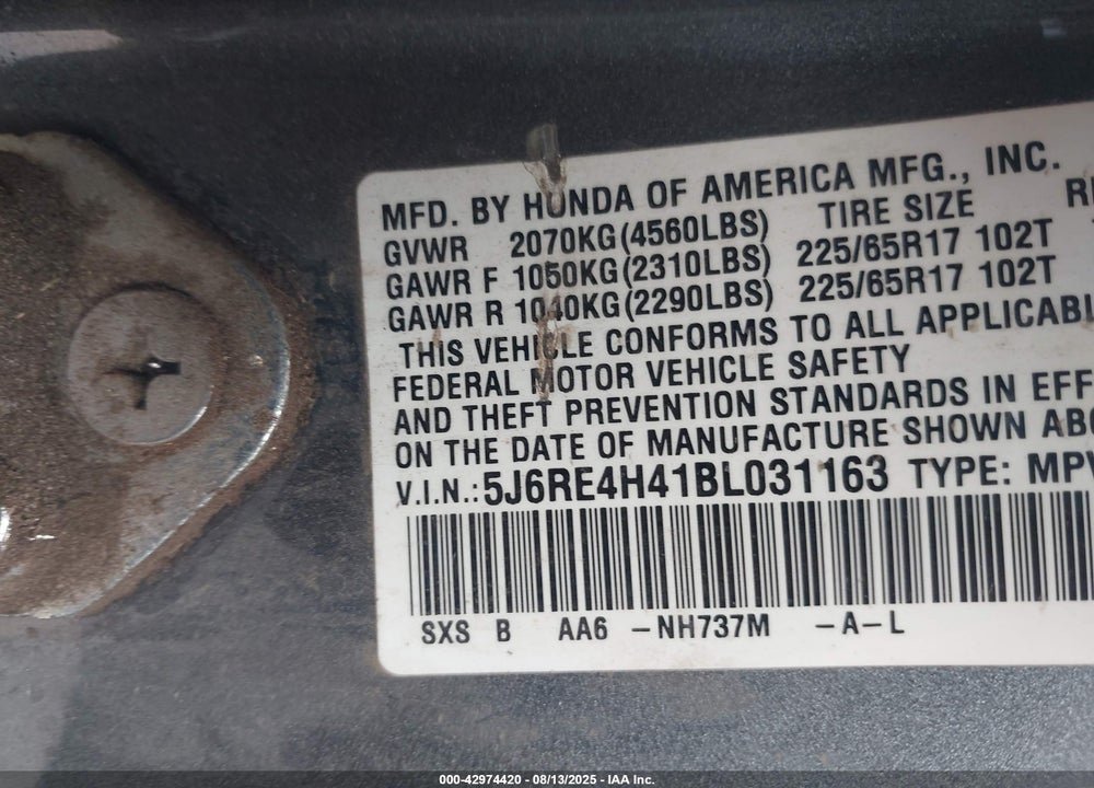 2011 HONDA CR-V VIN: 5J6RE4H41BL031163