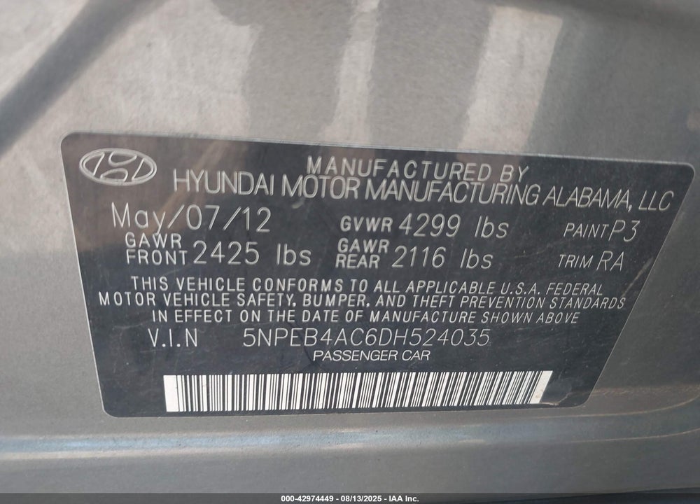 2013 HYUNDAI SONATA VIN: 5NPEB4AC6DH524035