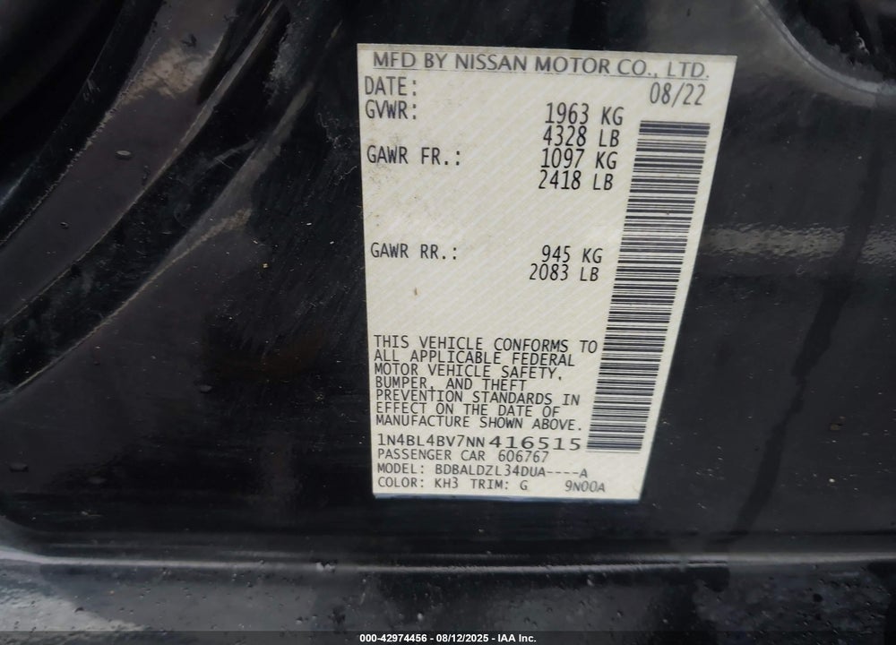 2022 NISSAN ALTIMA VIN: 1N4BL4BV7NN416515