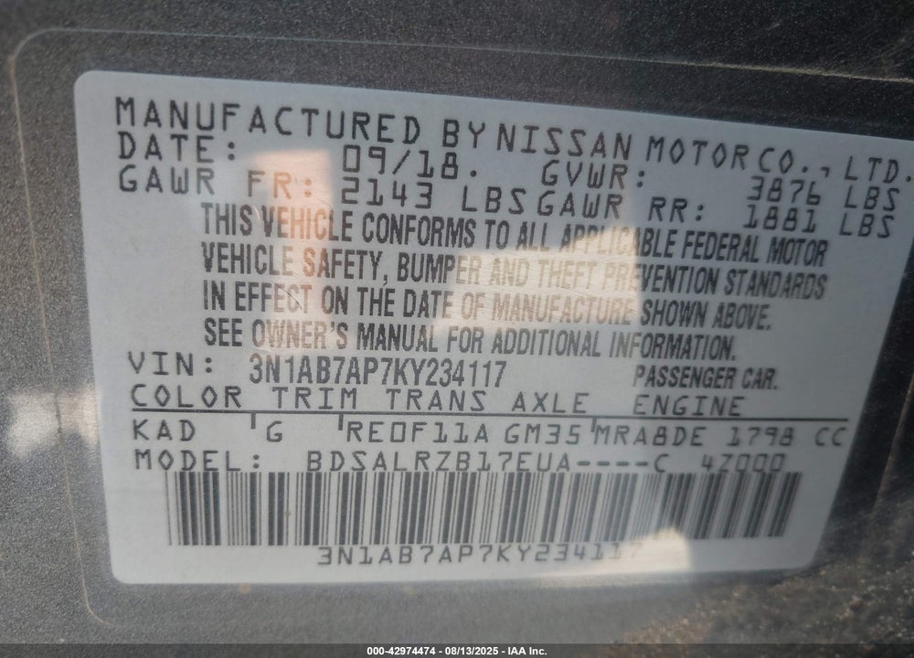 2019 NISSAN SENTRA VIN: 3N1AB7AP7KY234117