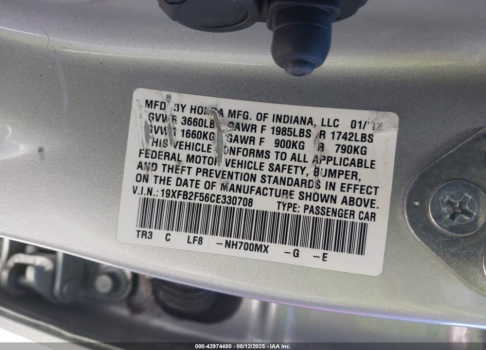 2012 HONDA CIVIC VIN: 19XFB2F56CE330708