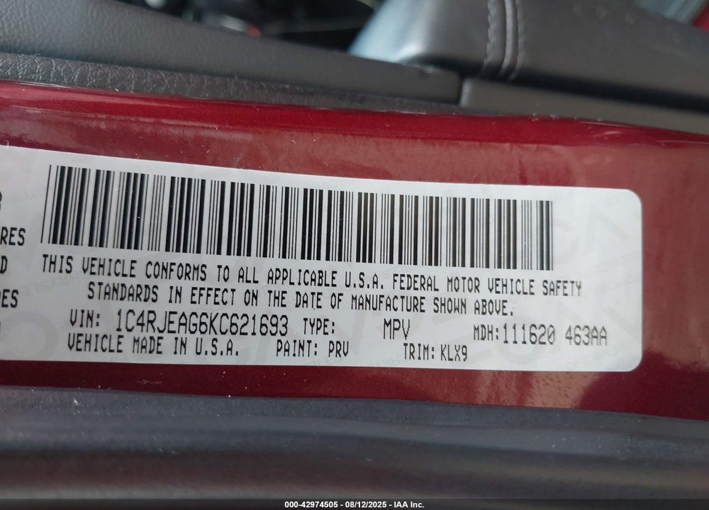 2019 JEEP GRAND CHEROKEE VIN: 1C4RJEAG6KC621693