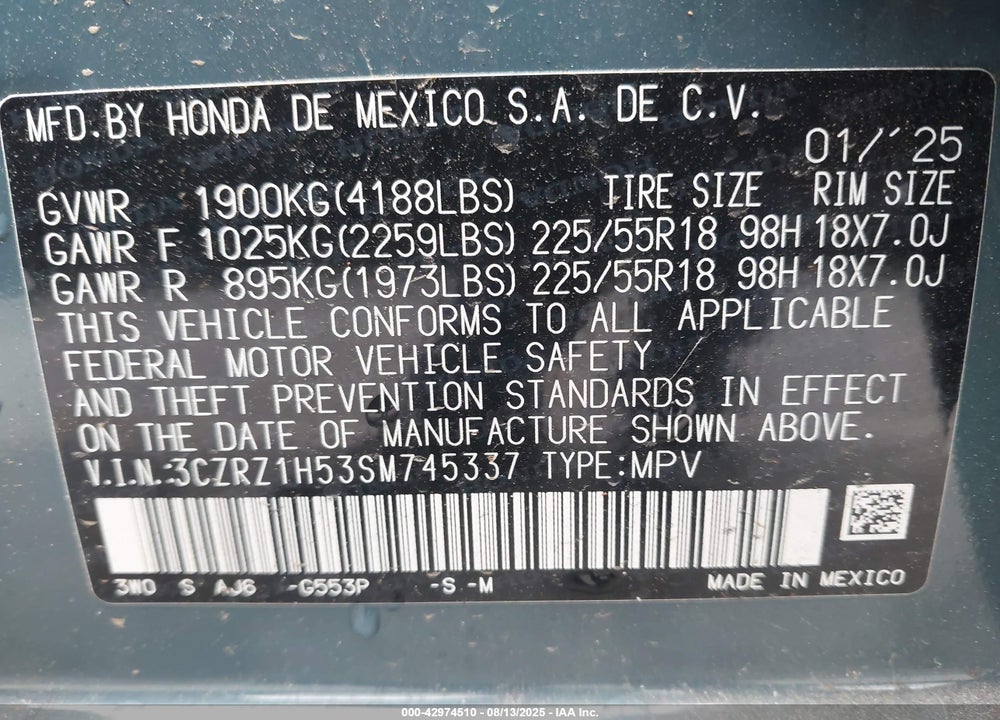2025 HONDA HR-V VIN: 3CZRZ1H53SM745337