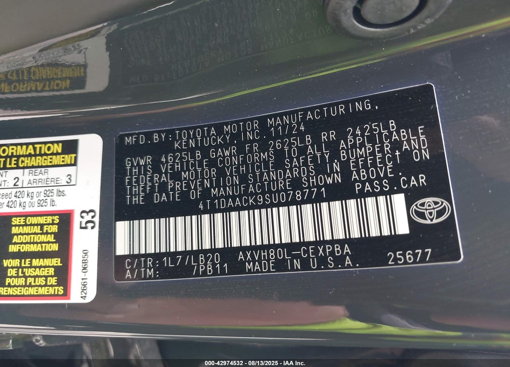 2025 TOYOTA CAMRY VIN: 4T1DAACK9SU078771