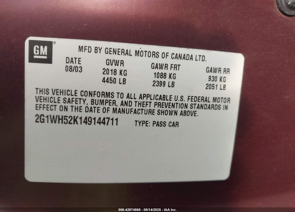 2004 CHEVROLET IMPALA LS VIN: 2G1WH52K149144711