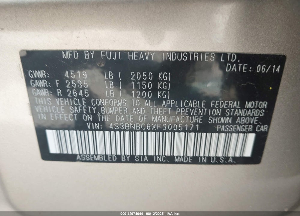 2015 SUBARU LEGACY VIN: 4S3BNBC6XF3005171