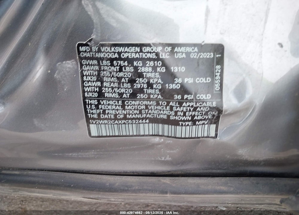 2023 VOLKSWAGEN ATLAS VIN: 1V2WR2CAXPC532444