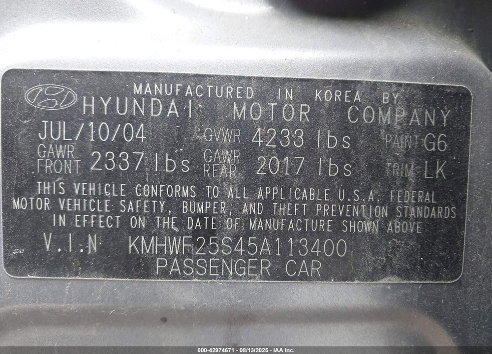 2005 HYUNDAI SONATA GL VIN: KMHWF25S45A113400