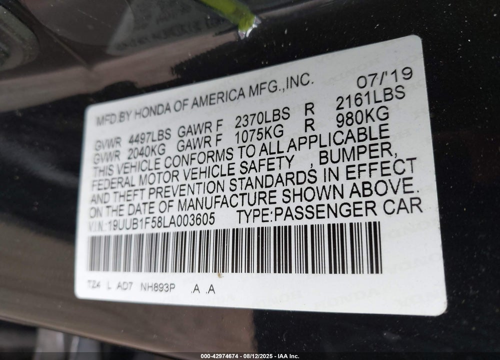 2020 ACURA TLX VIN: 19UUB1F58LA003605