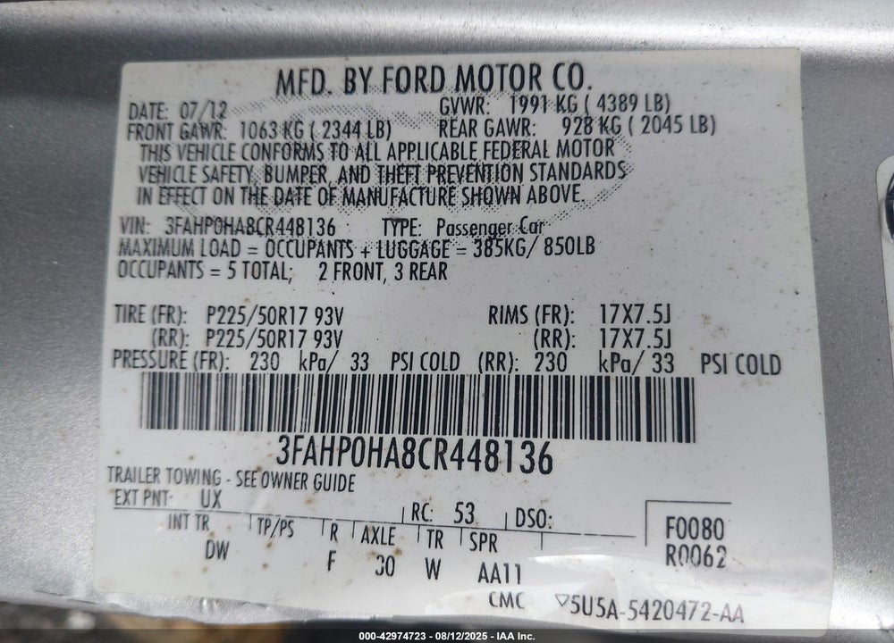 2012 FORD FUSION VIN: 3FAHP0HA8CR448136
