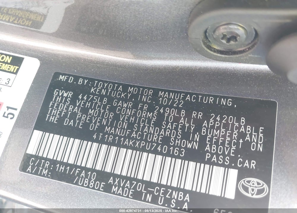 2023 TOYOTA CAMRY VIN: 4T1R11AKXPU740163