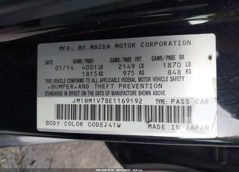 2014 MAZDA 3 VIN: JM1BM1V78E1169192