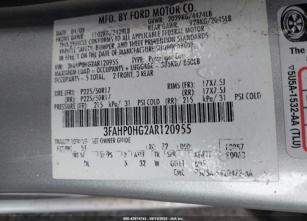 2010 FORD FUSION VIN: 3FAHP0HG2AR120955