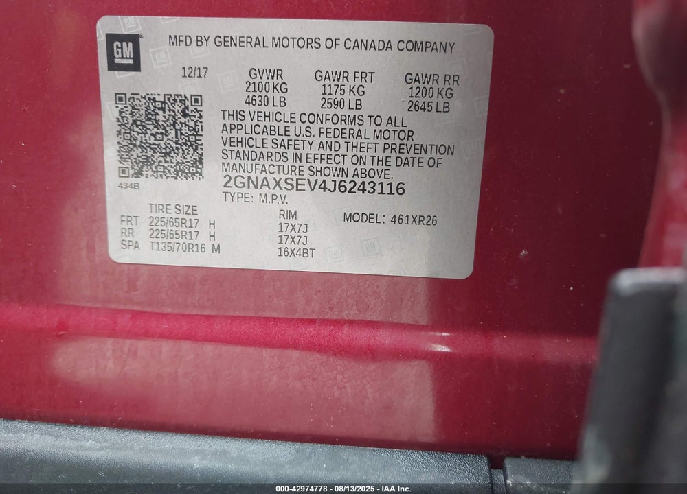 2018 CHEVROLET EQUINOX VIN: 2GNAXSEV4J6243116