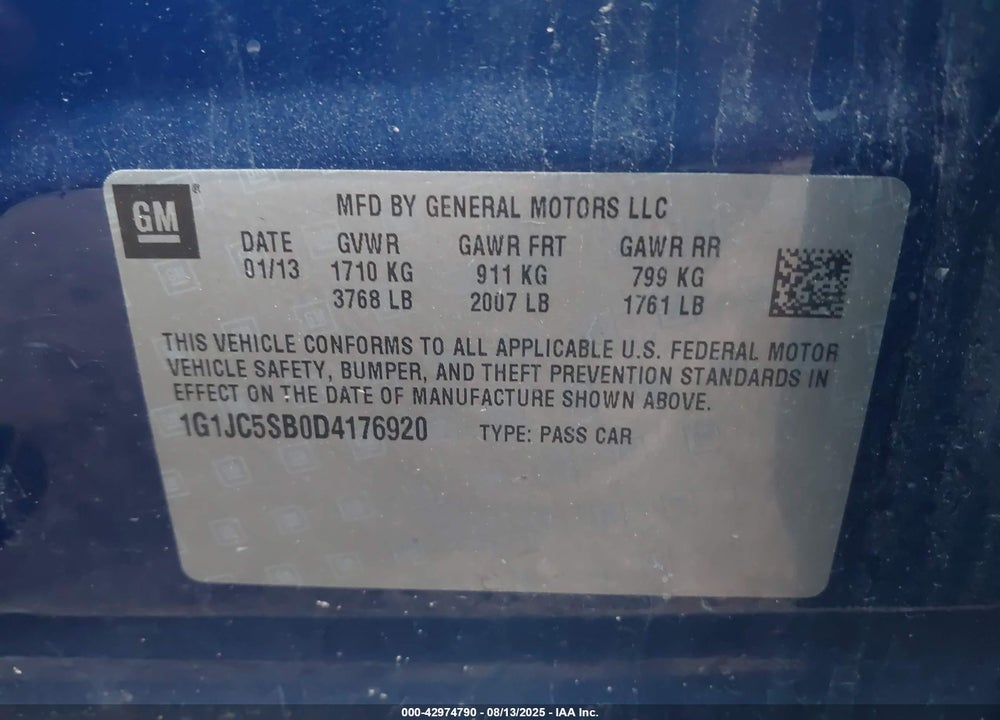 2013 CHEVROLET SONIC VIN: 1G1JC5SB0D4176920