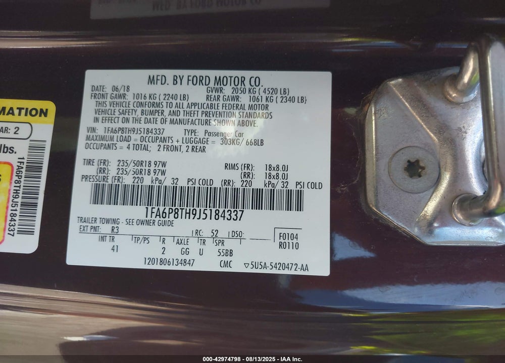 2018 FORD MUSTANG VIN: 1FA6P8TH9J5184337