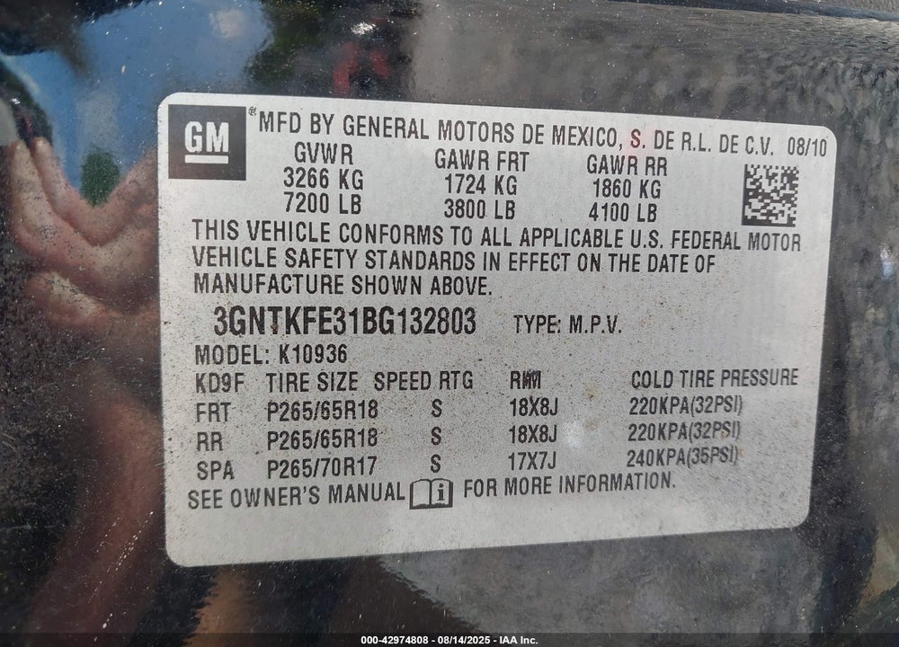 2011 CHEVROLET AVALANCHE VIN: 3GNTKFE31BG132803