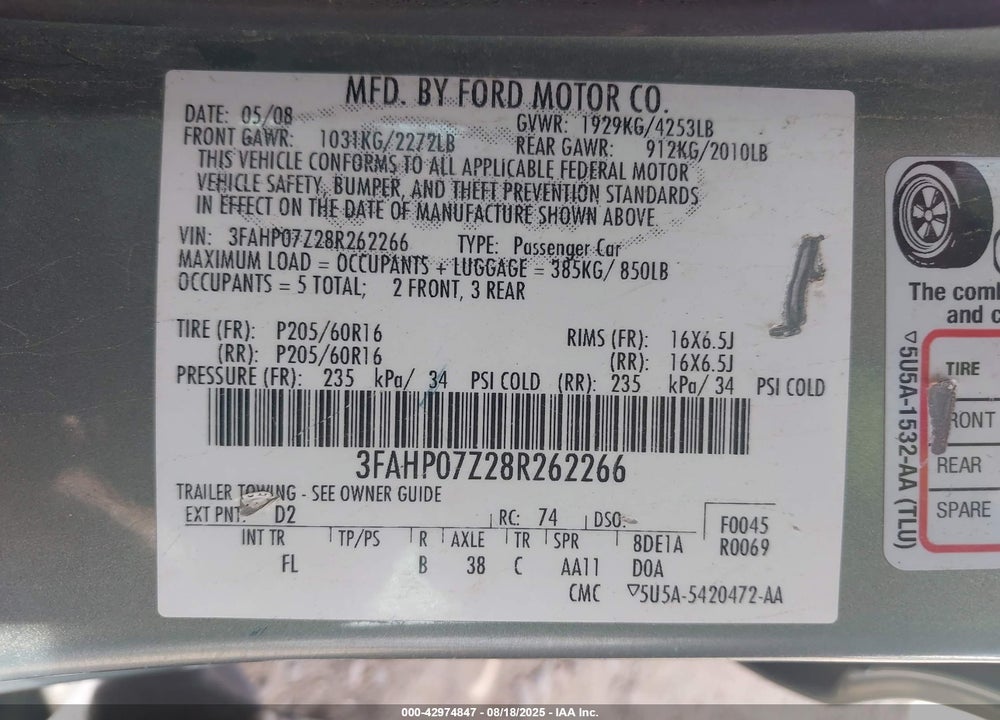 2008 FORD FUSION SE VIN: 3FAHP07Z28R262266