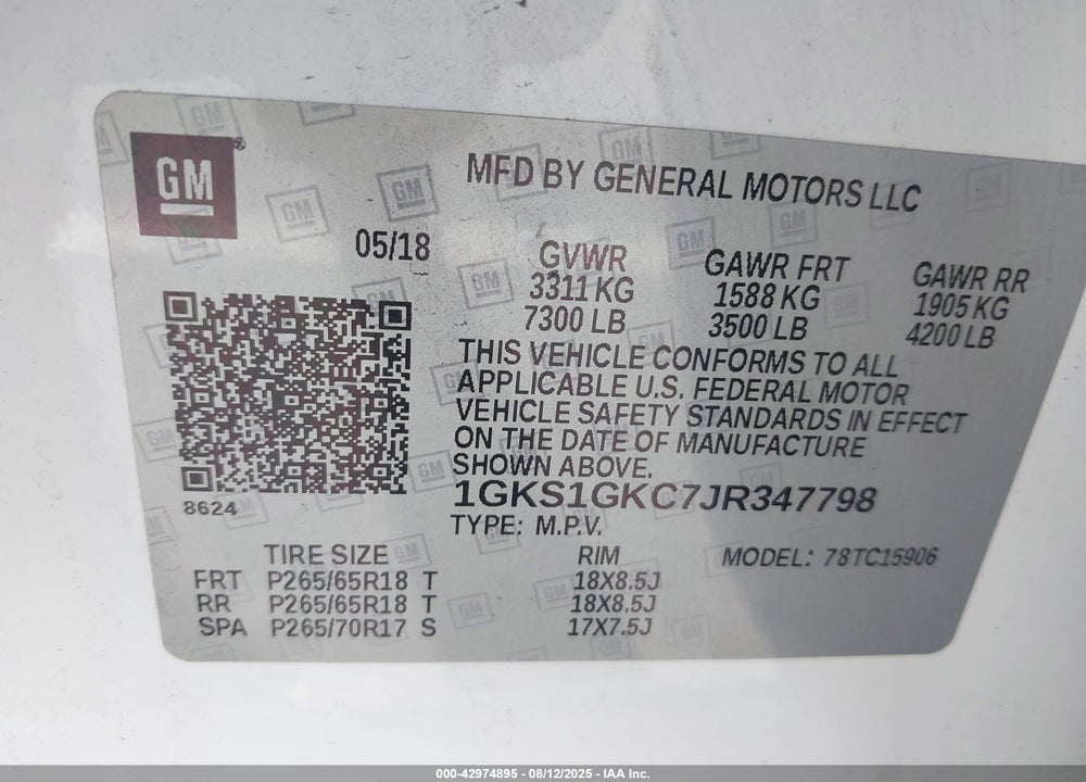 2018 GMC YUKON XL VIN: 1GKS1GKC7JR347798