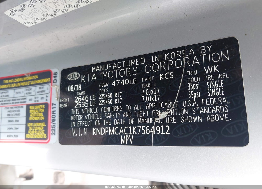 2019 KIA SPORTAGE VIN: KNDPMCAC1K7564912