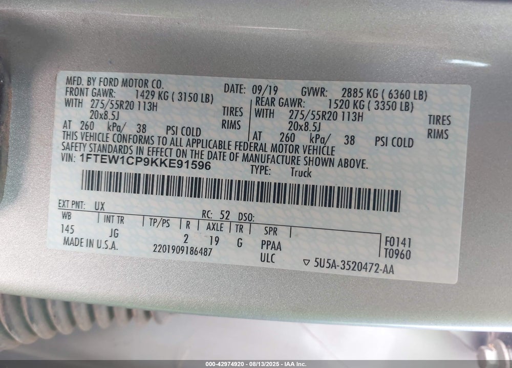 2019 FORD F-150 VIN: 1FTEW1CP9KKE91596