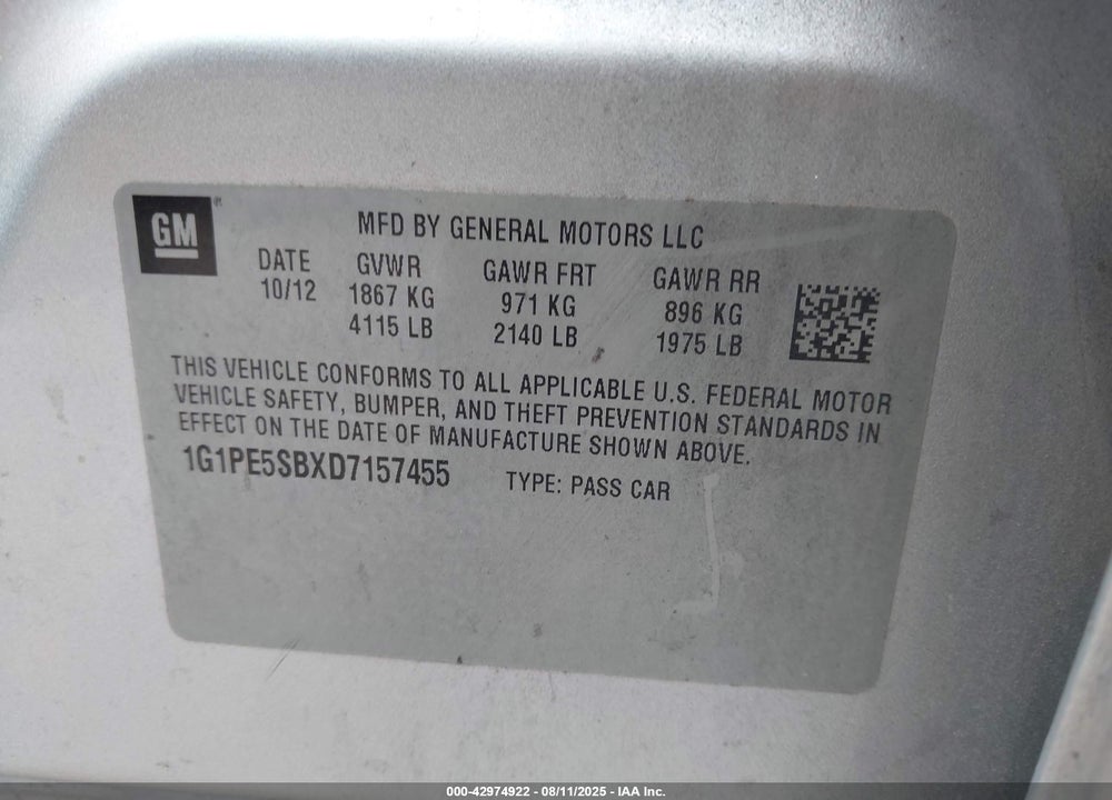 2013 CHEVROLET CRUZE VIN: 1G1PE5SBXD7157455
