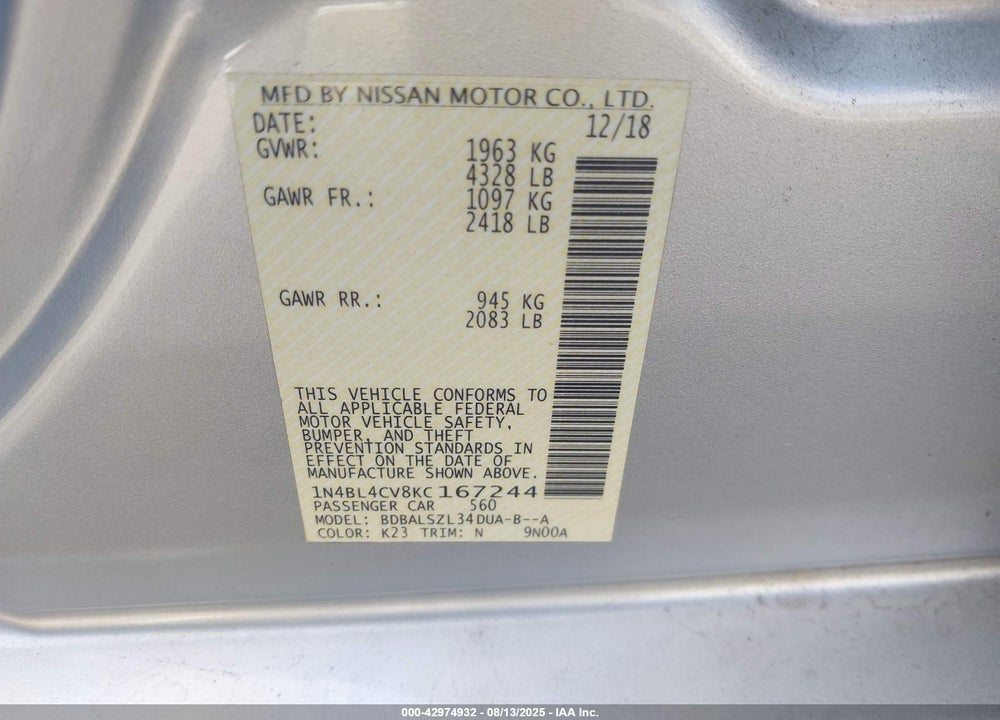 2019 NISSAN ALTIMA VIN: 1N4BL4CV8KC167244