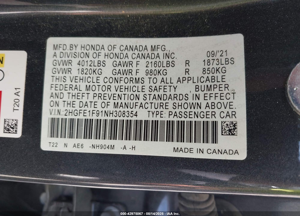 2022 HONDA CIVIC VIN: 2HGFE1F91NH308354