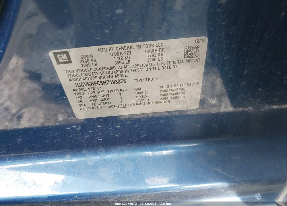 2017 CHEVROLET SILVERADO 1500 VIN: 1GCVKREC5HZ193356