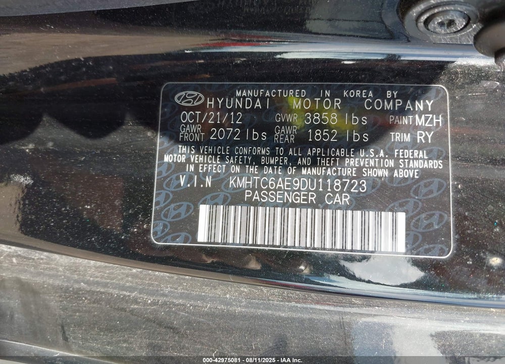 2013 HYUNDAI VELOSTER VIN: KMHTC6AE9DU118723