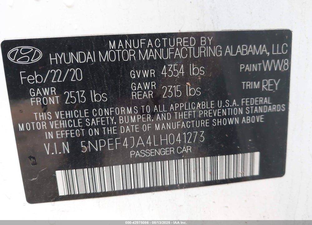 2020 HYUNDAI SONATA SEL VIN: 5NPEF4JA4LH041273