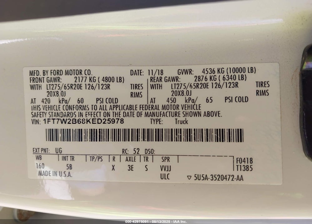 2019 FORD F-250 VIN: 1FT7W2B68KED25978