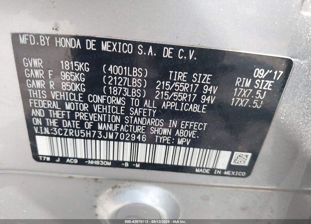 2018 HONDA HR-V VIN: 3CZRU5H73JM702946