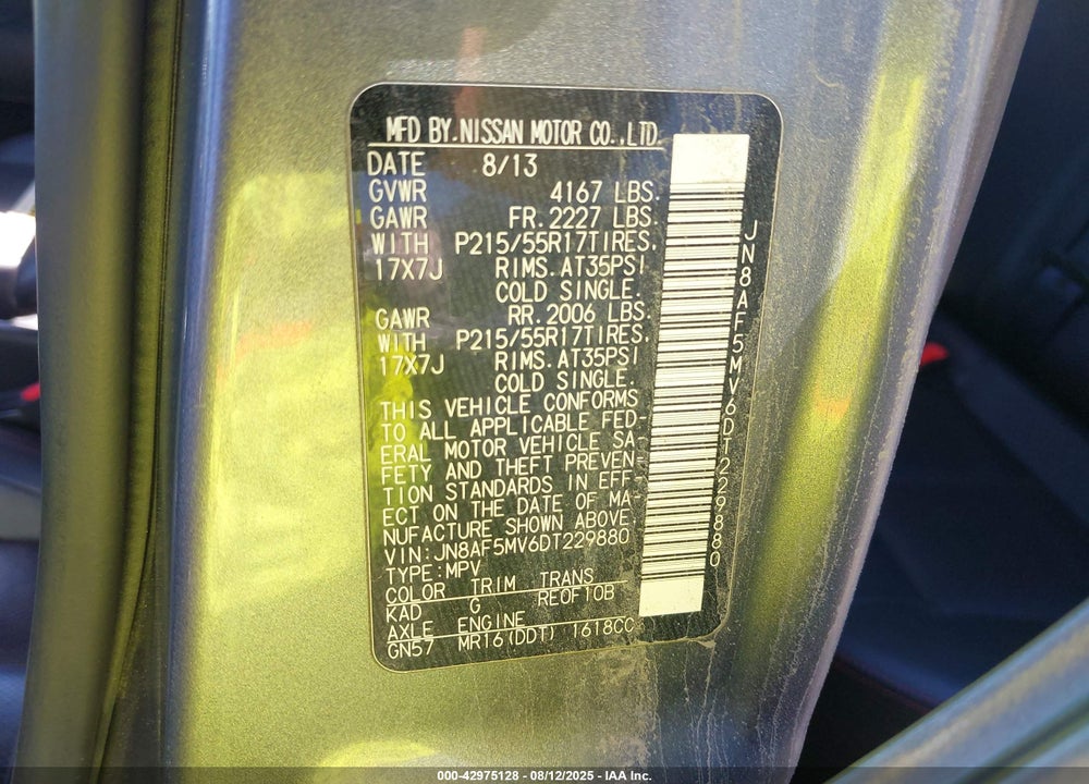2013 NISSAN JUKE SL VIN: JN8AF5MV6DT229880