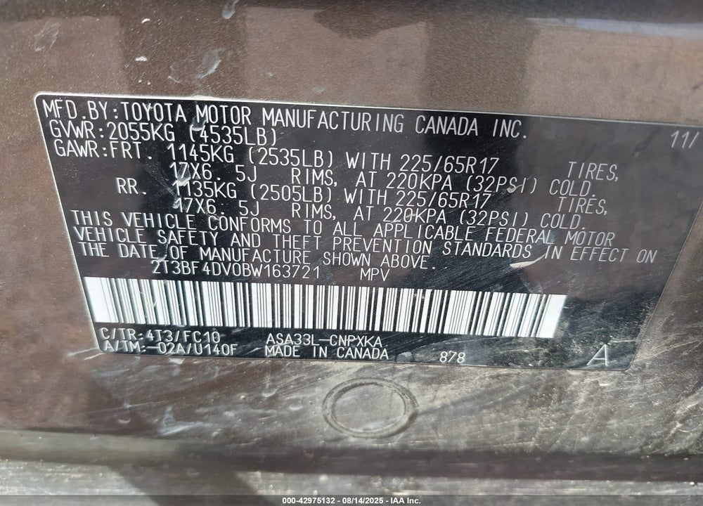 2011 TOYOTA RAV4 VIN: 2T3BF4DV0BW163721