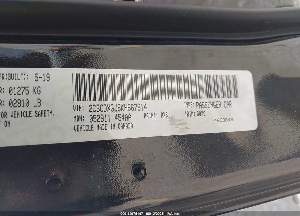2019 DODGE CHARGER VIN: 2C3CDXGJ6KH667814