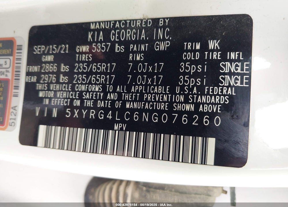 2022 KIA SORENTO VIN: 5XYRG4LC6NG076260