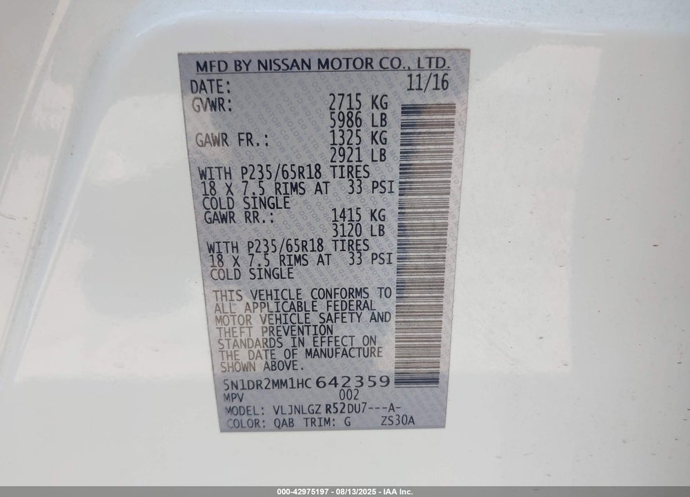 2017 NISSAN PATHFINDER VIN: 5N1DR2MM1HC642359