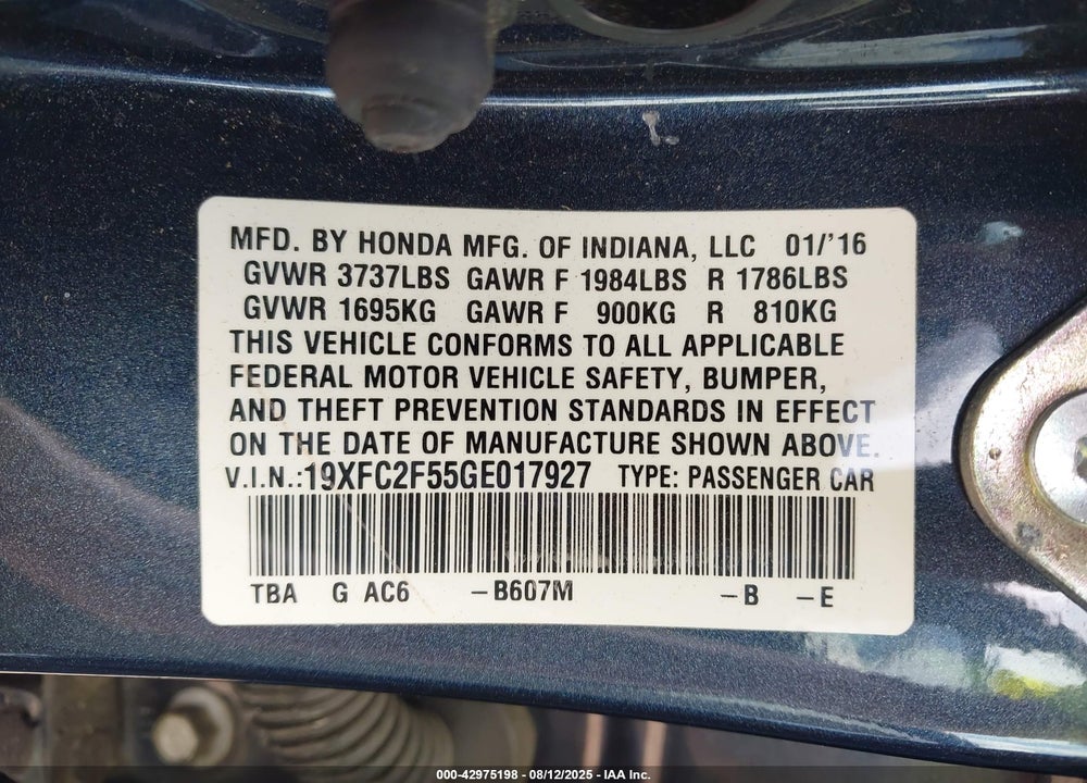 2016 HONDA CIVIC VIN: 19XFC2F55GE017927