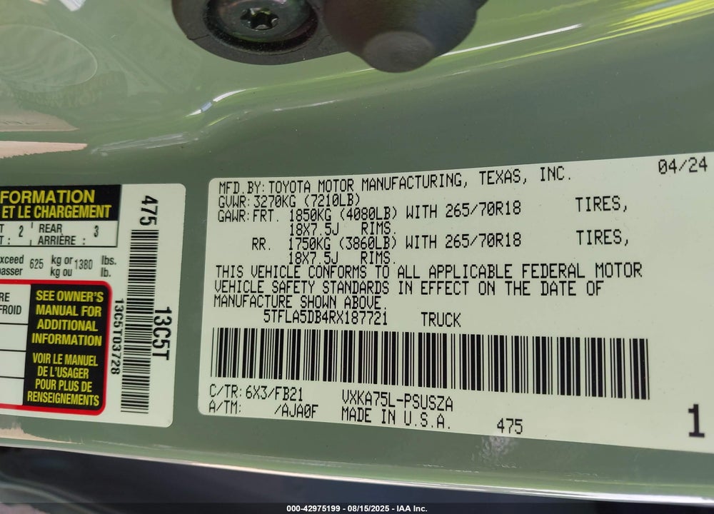 2024 TOYOTA TUNDRA VIN: 5TFLA5DB4RX187721
