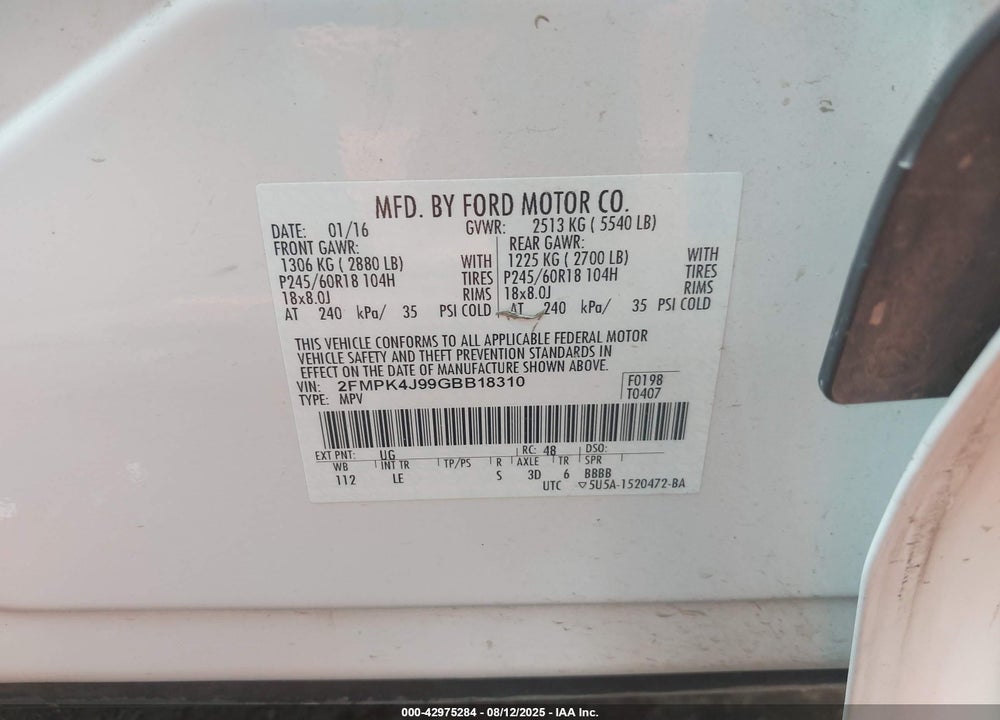 2016 FORD EDGE SEL VIN: 2FMPK4J99GBB18310