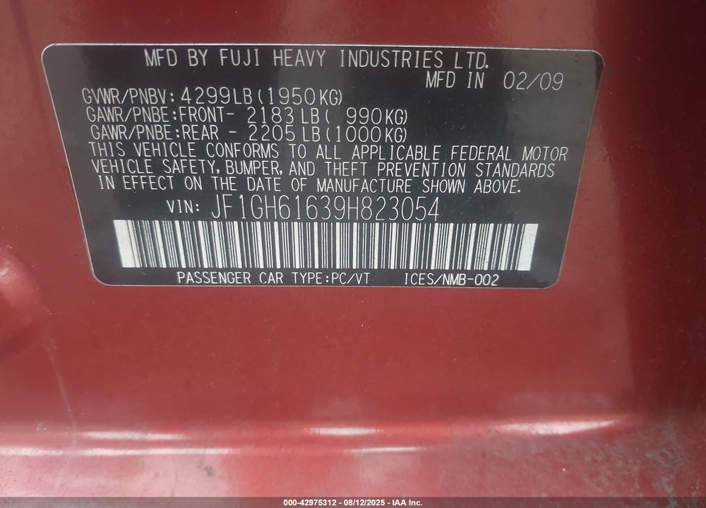 2009 SUBARU IMPREZA VIN: JF1GH61639H823054